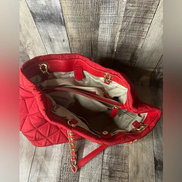 Talbots leather / nylon quilted red tote bag - Picture 15 of 16